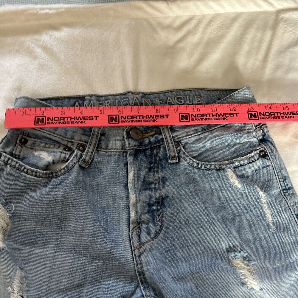 American Eagle Men’s Jeans 26x28 Slim Light Wash Ripped Distressed Holes Button - Picture 7 of 8